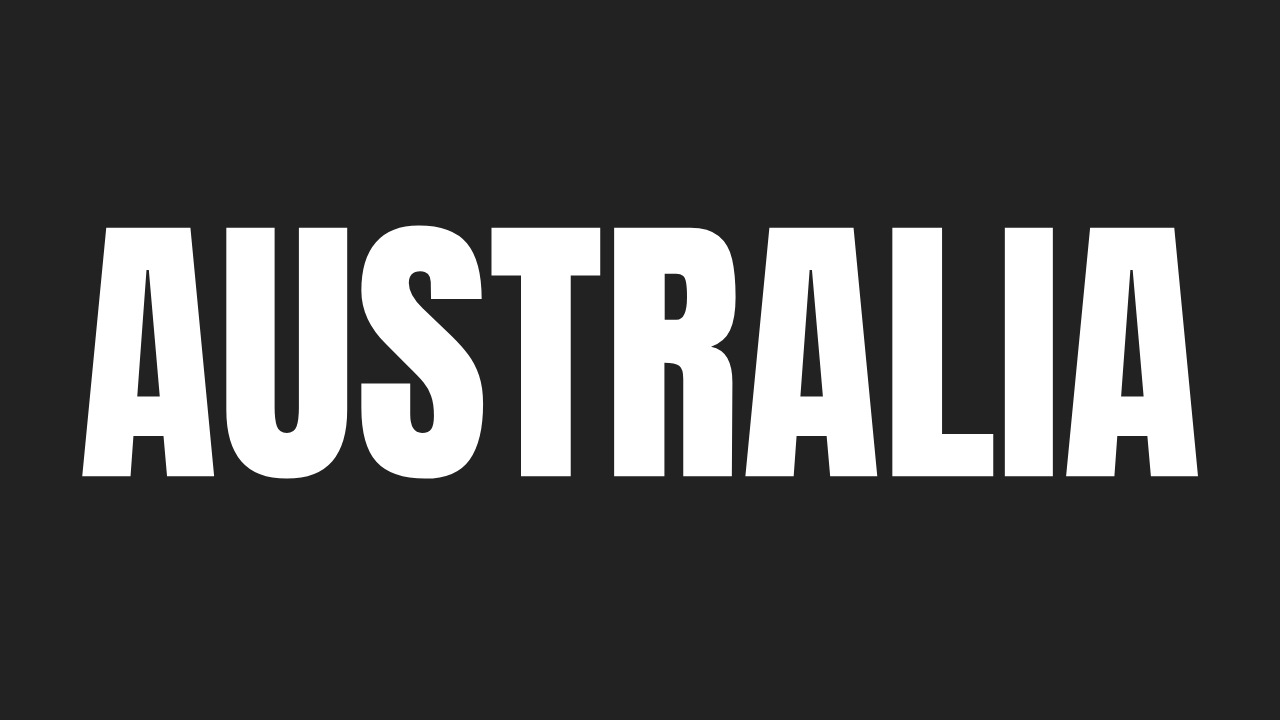 Black and white text reading AUSTRALIA repeated across multiple panels in a bold graphic design style.