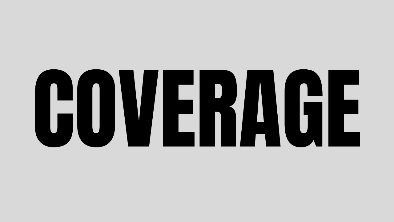 Black and white text that says COVERAGE repeated in large bold letters against a light background.