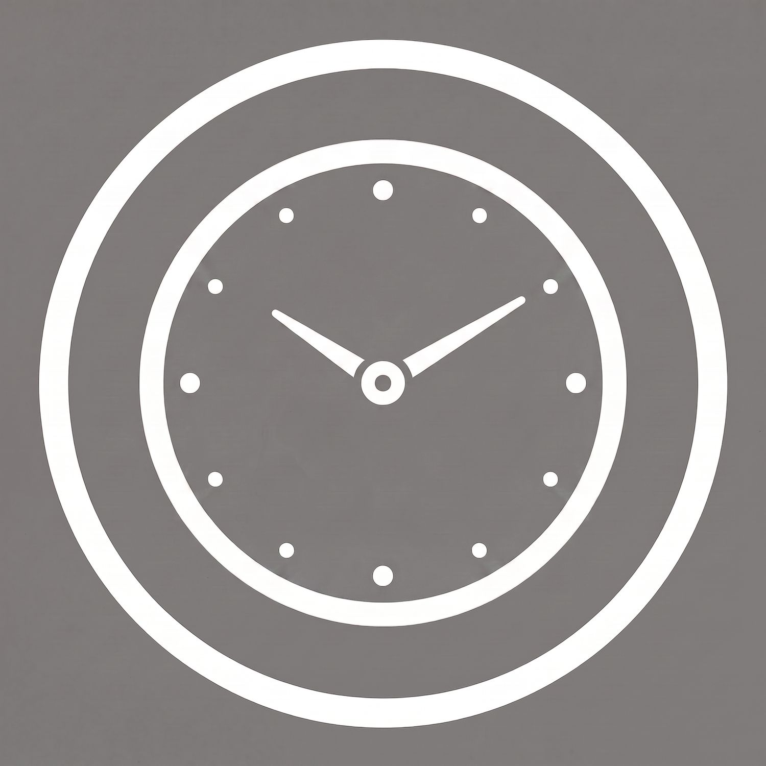 White minimalist clock icon with hour and minute hands on a gray circular background.