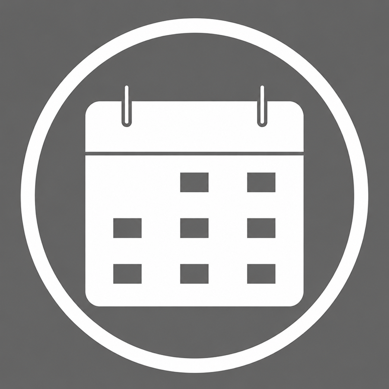 White calendar icon with grid dates enclosed in a circle on a gray background.