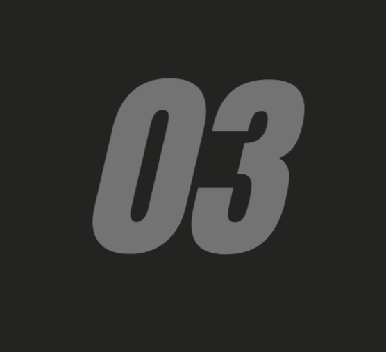 Large gray number 03 displayed on a black background.
