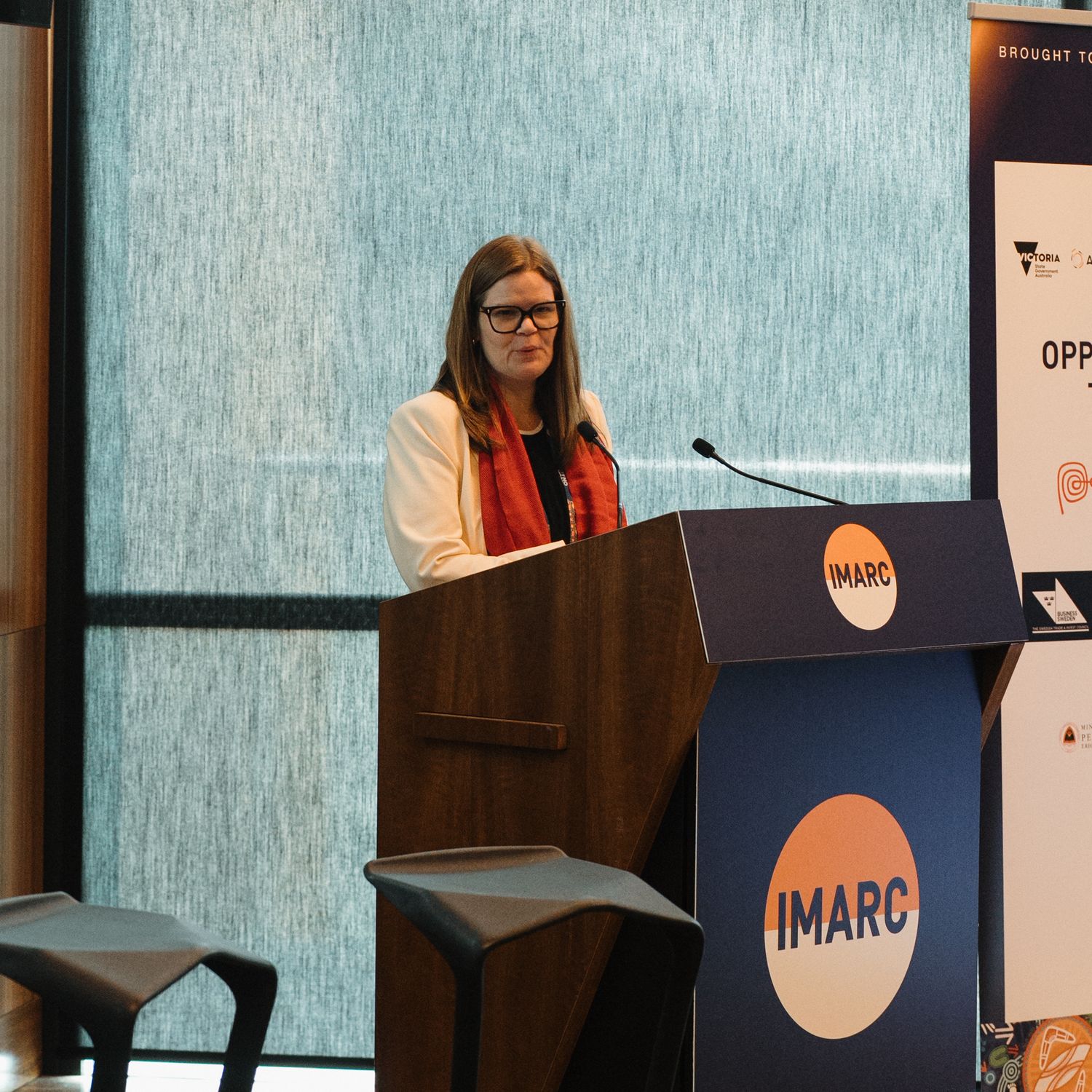 Speaker stands at podium during conference presentation with IMARC branding visible in background.