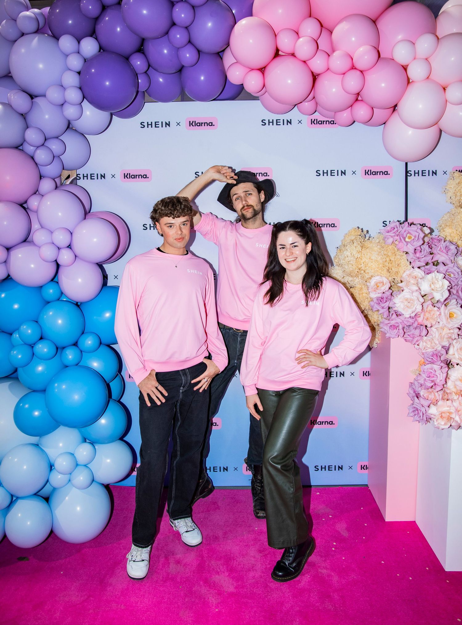 Event photos featuring colorful balloon arches in pink and purple with people posing against floral backdrop at a celebration.