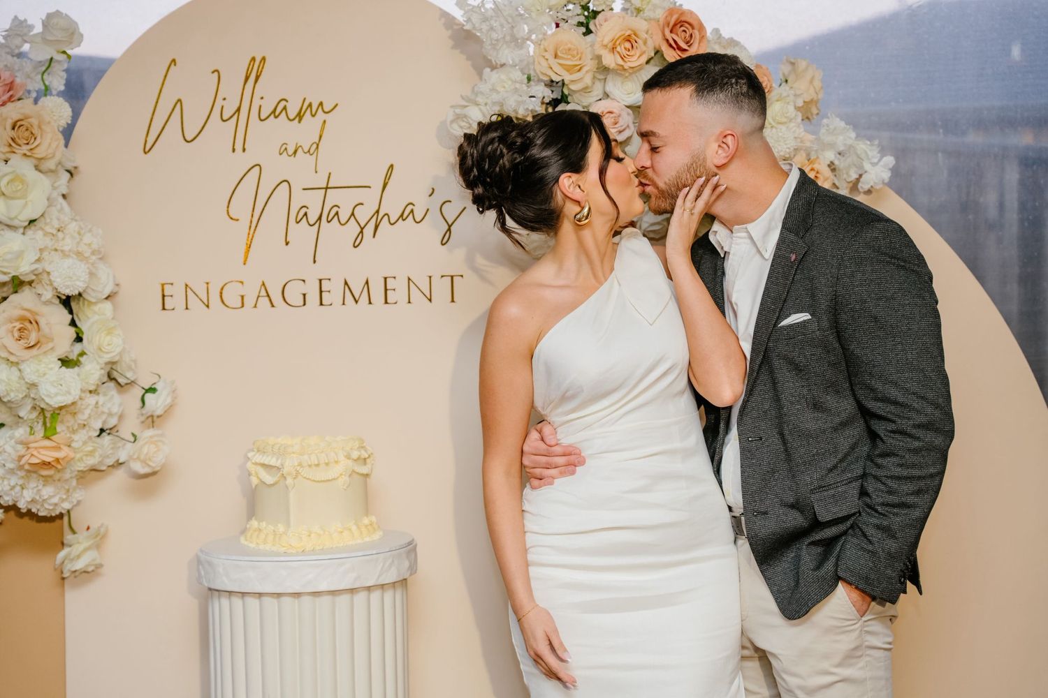 Romantic wedding montage showing cake cutting, first dance, and intimate moments at an elegant reception with floral decor.