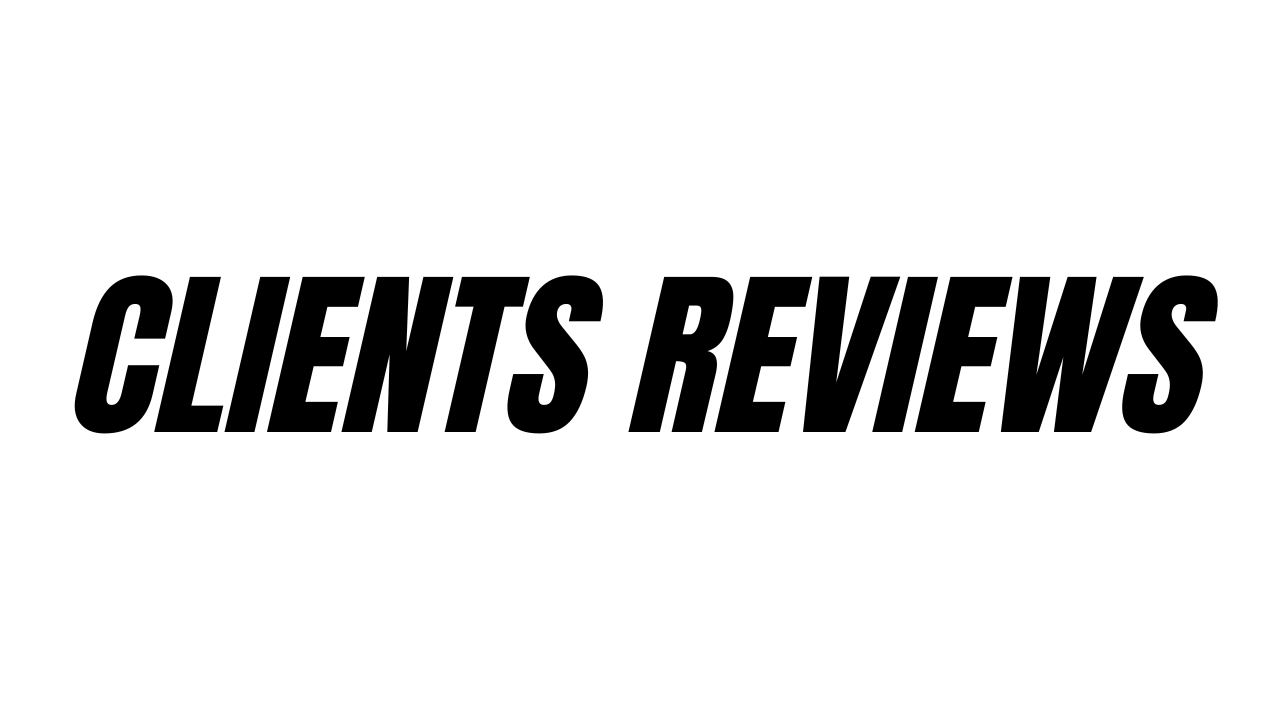A bold black text design showing 'CLIENTS REVIEWS' against a white background.