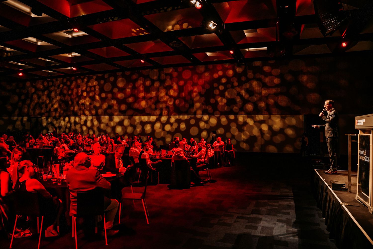 A dimly lit concert venue with red lighting and a packed audience watching a performance on stage.