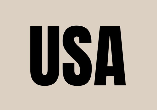 Bold black USA text repeated in a minimalist typographic pattern on beige background.