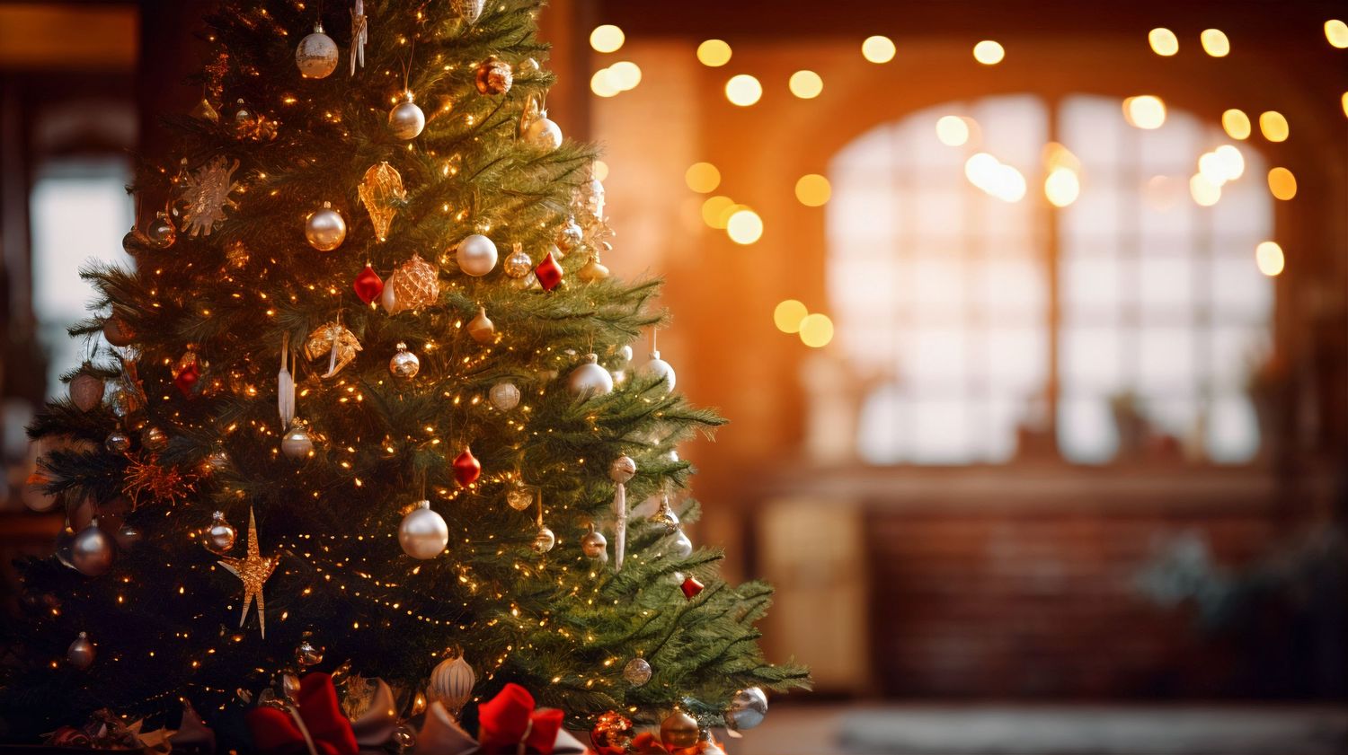 Decorated Christmas tree with glowing lights and ornaments creates a warm, festive atmosphere in a cozy room.