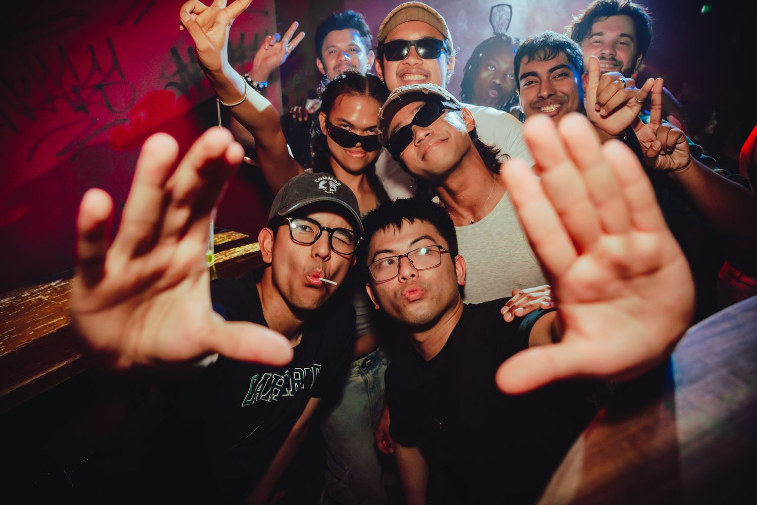 Candid photos of excited clubgoers dancing and enjoying a nightlife party in dark lighting with neon effects.