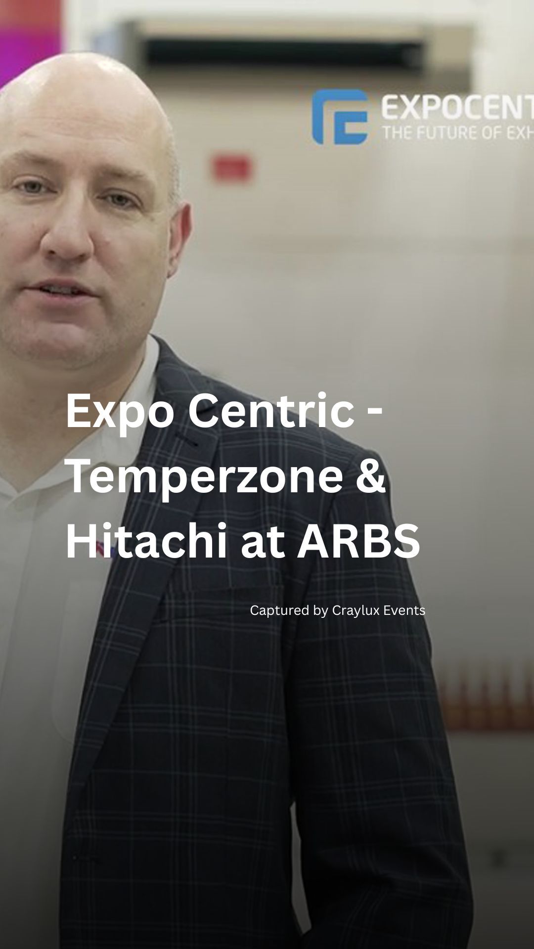 A professional event photo sequence showing a presenter in a dark suit at a corporate trade show booth.