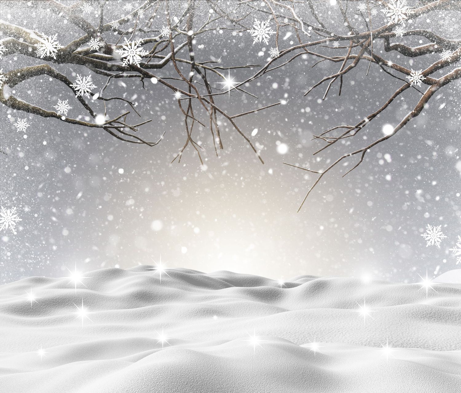 Snow falls softly on bare tree branches against a gray winter sky creating a serene winter landscape.