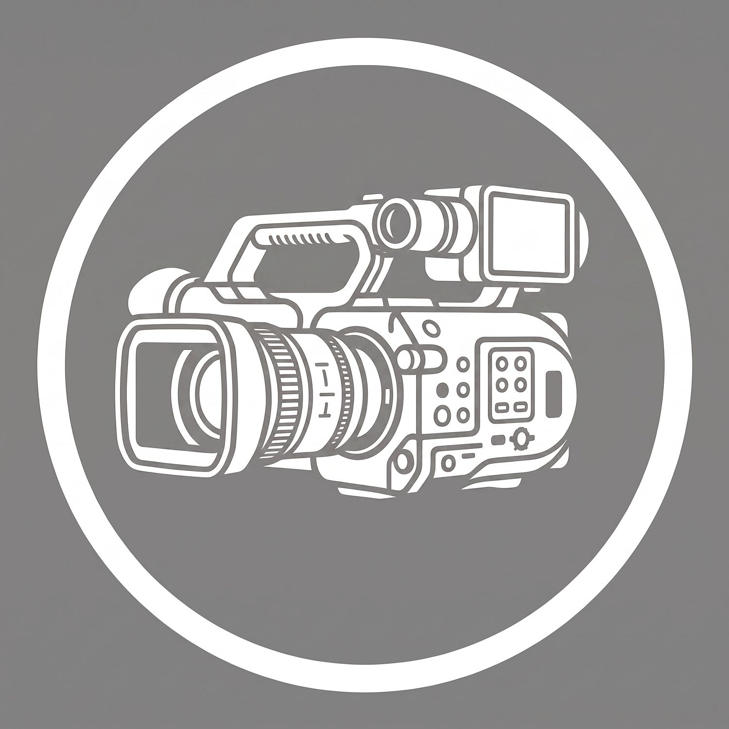 White outline icon of a professional video camera inside a circle on a gray background.