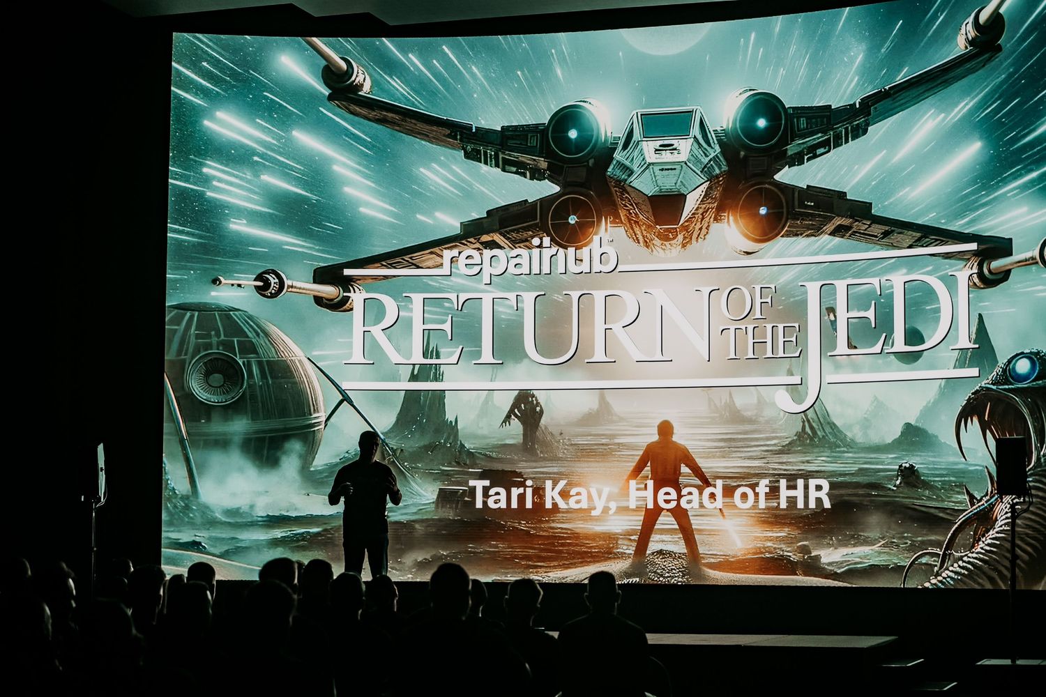 A dramatic silhouette stands before a turquoise sky as X-wing fighters soar overhead in a Star Wars movie poster scene.