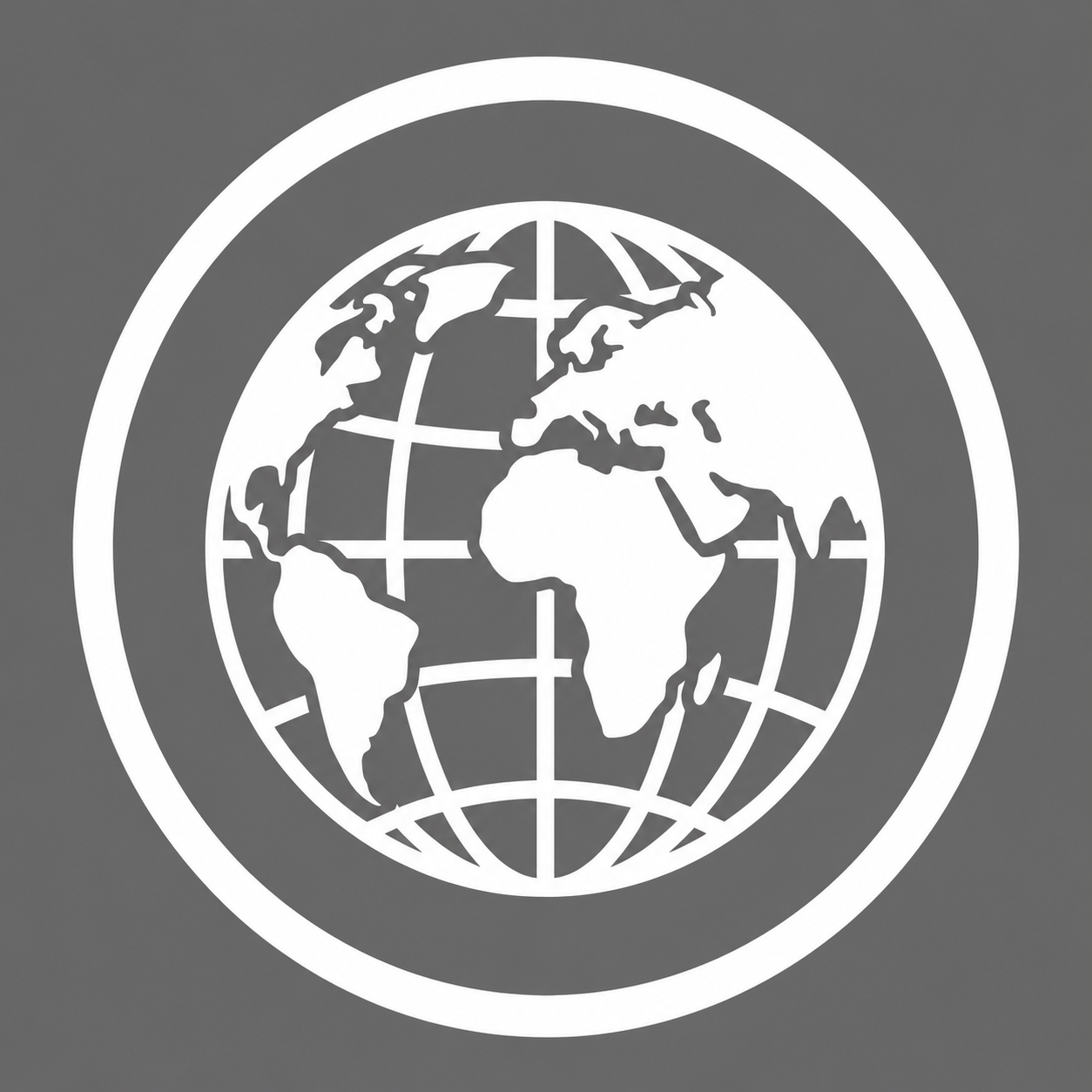 White globe icon with world map grid lines inside a circular border on a gray background.