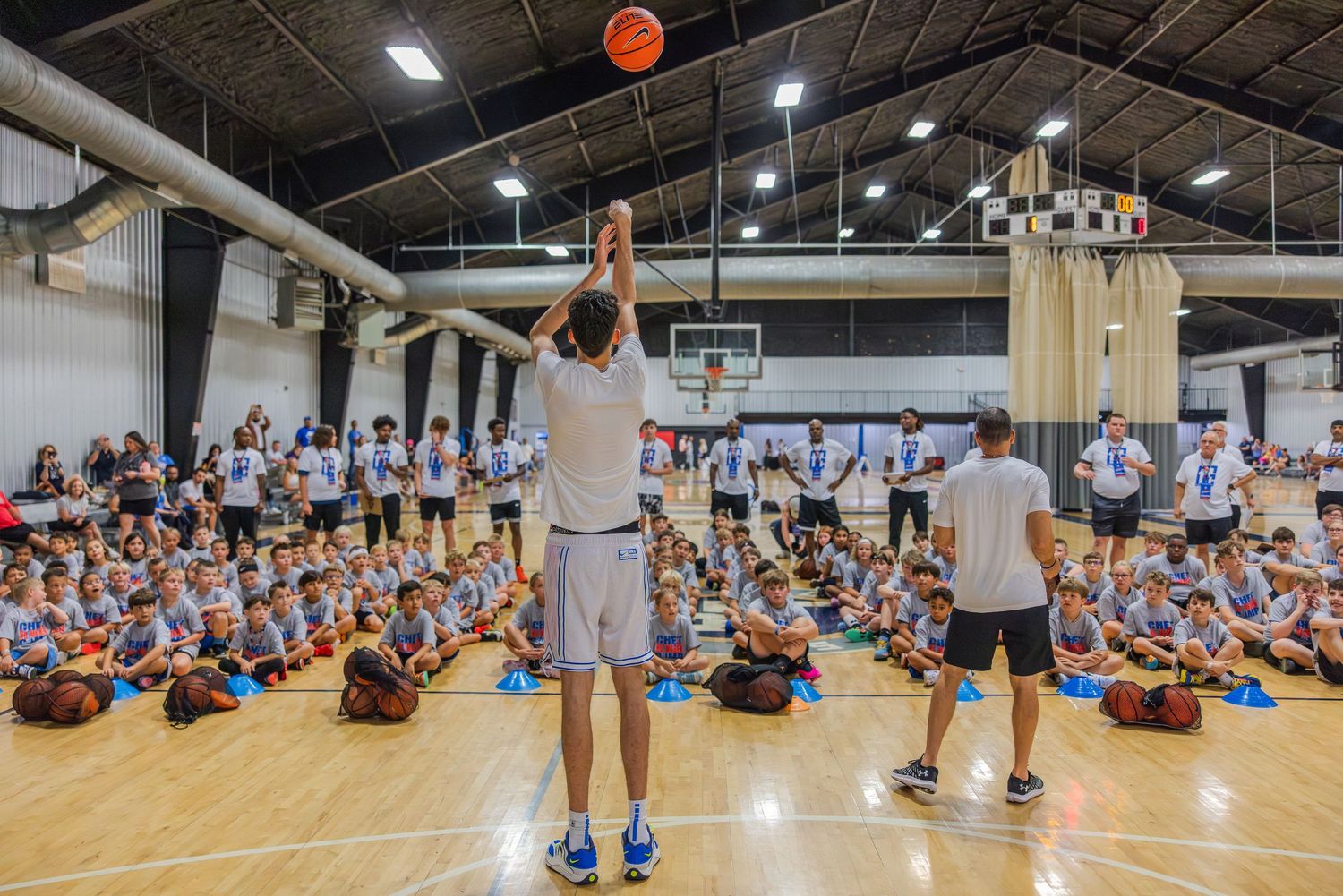 Chet Holmgren is introduced to a group of youth campers at the ProCamps camp in Oklahoma City.