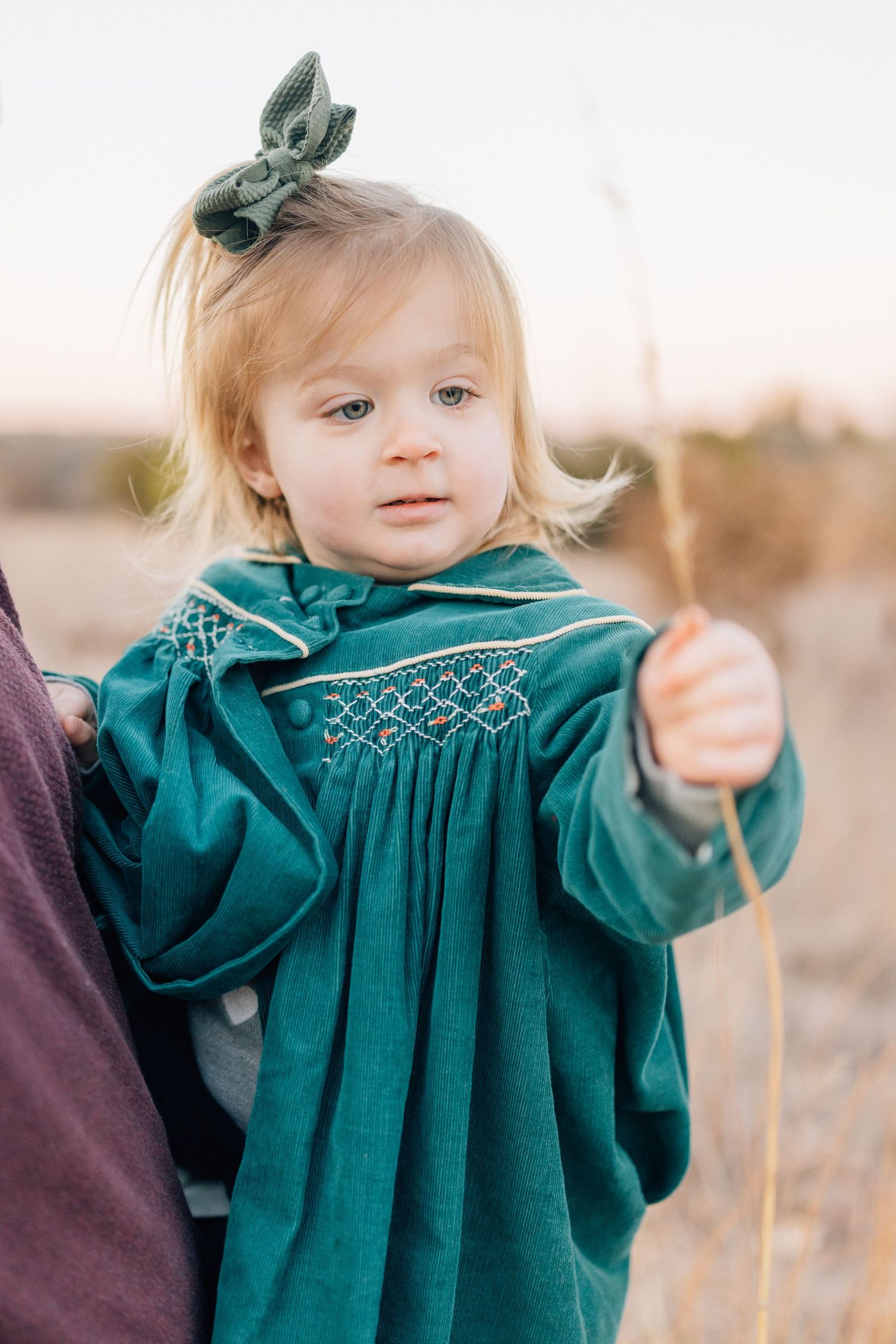 Young child in elegant teal smocked dress with matching bow wearing outdoors at sunset.