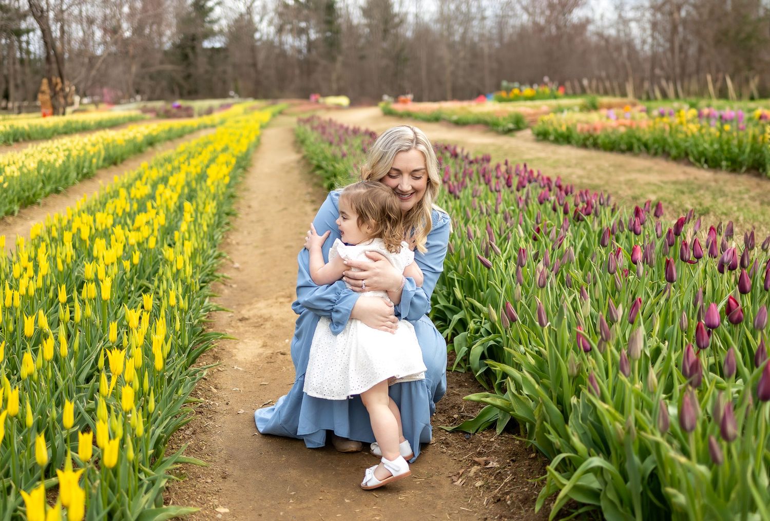 Tender moment shared in a garden path lined with yellow and purple flowers.