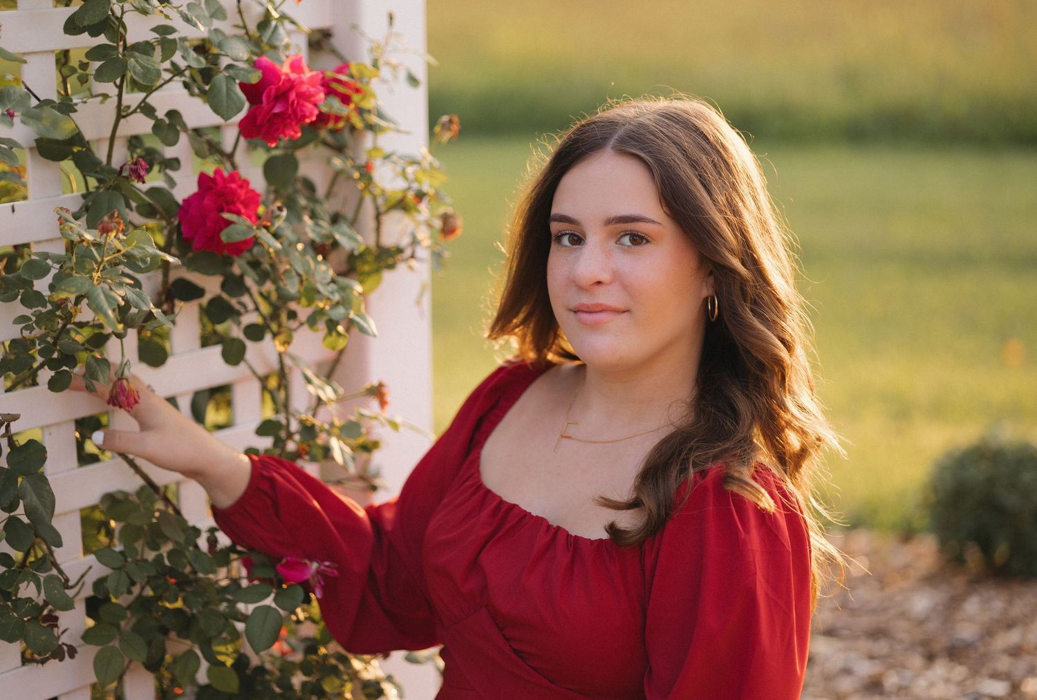 Woman in a red dress poses next to blooming red roses on a white pillar during golden hour in a garden setting.