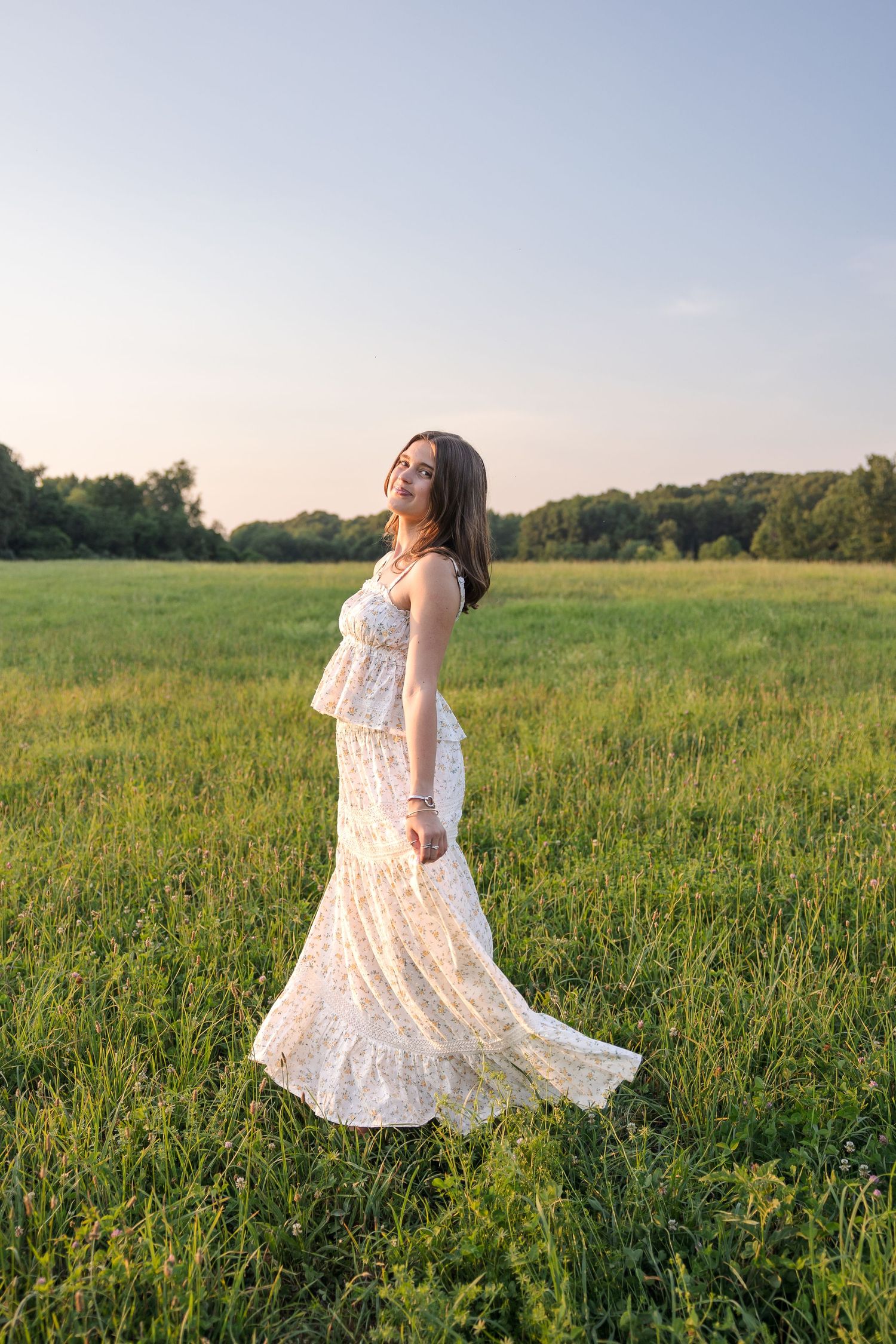 North Smithfield senior session at Chase Farm Rhode Island in a flowy dress in a field