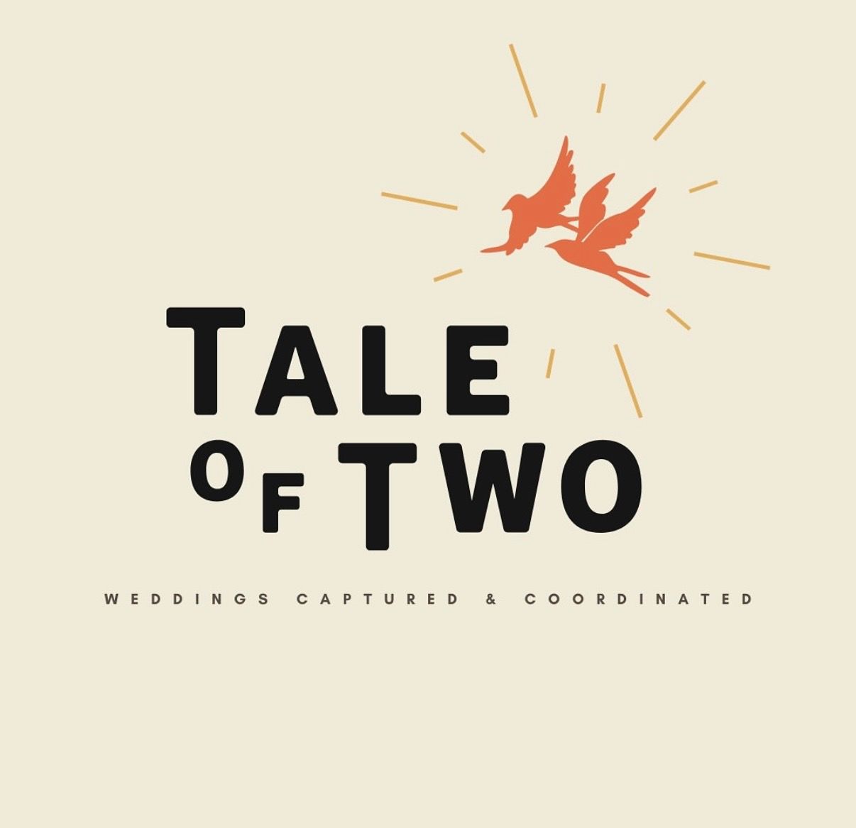 Tale of Two wedding coordination logo with flying birds and sunburst in coral and black.