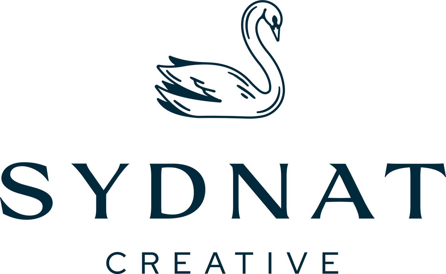Elegant swan logo design with Sydnat Creative text in navy blue.