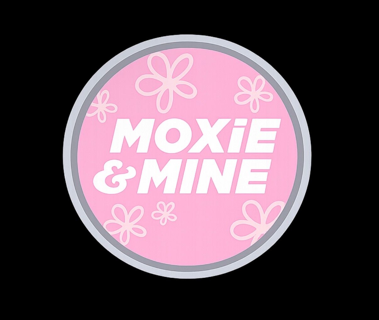 Pink and white oval logo designs with floral accents and text against dark backgrounds.