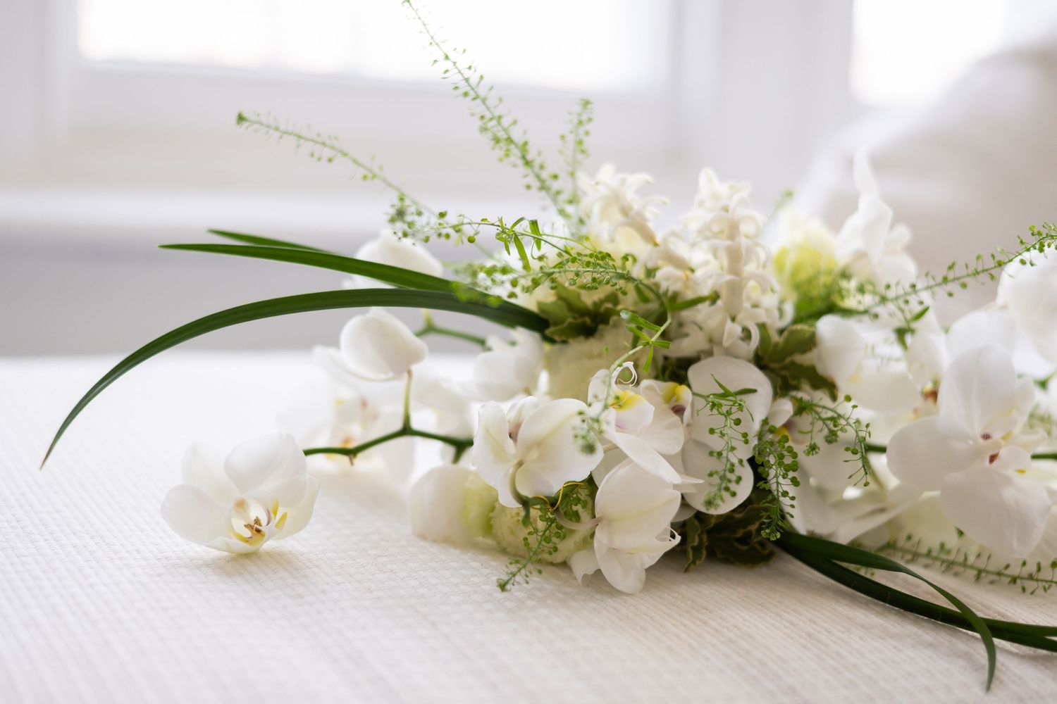 Elegant white orchids and delicate floral arrangements on light background.