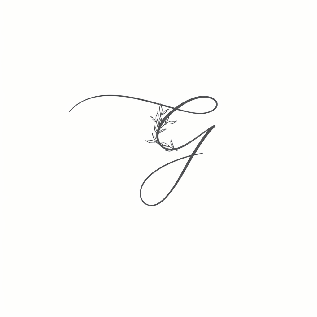 Elegant calligraphic letter G with decorative flourish and feather design in black ink.