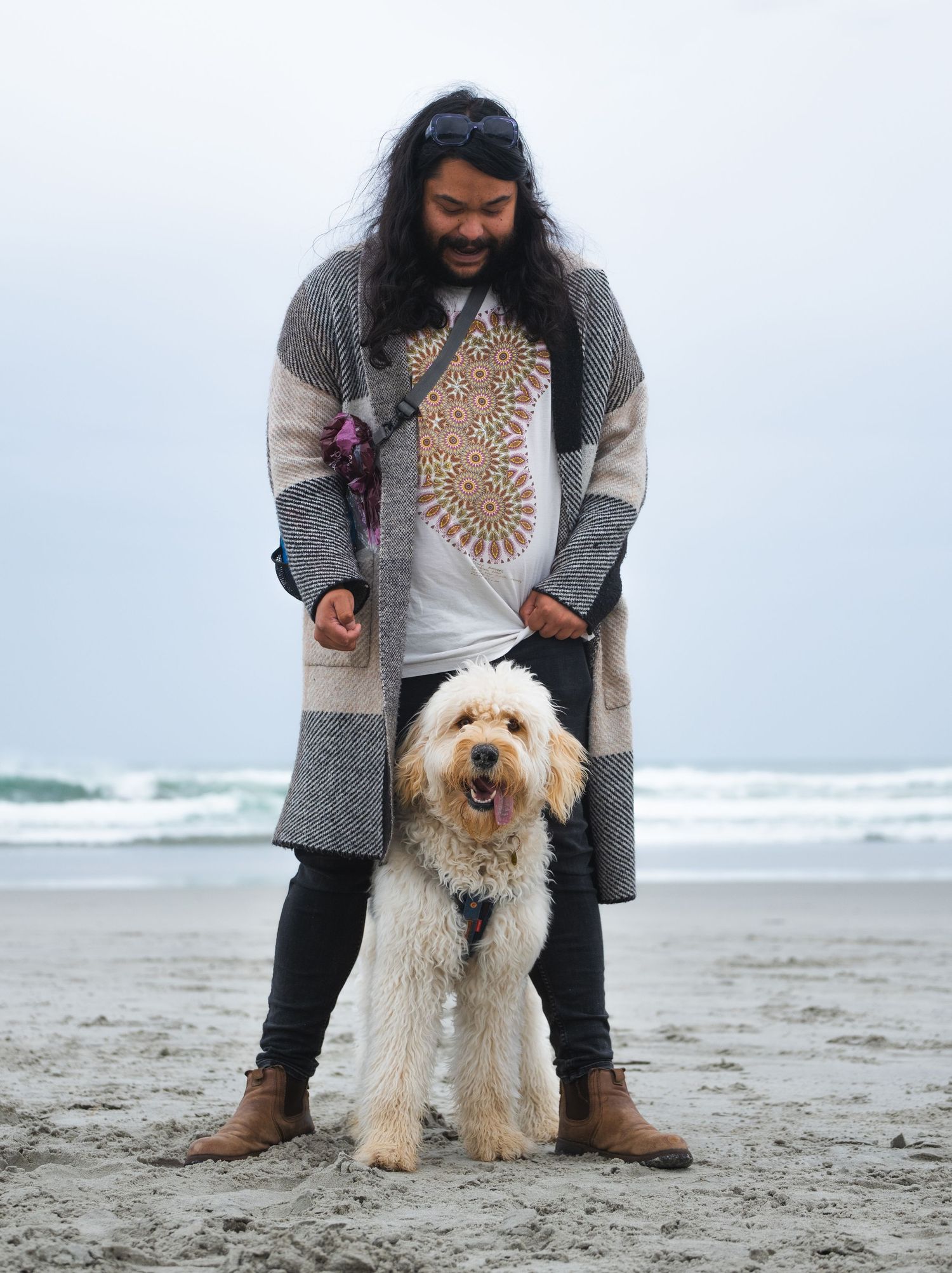 A fluffy cream-colored dog sits on a misty beach with waves in the background while being photographed.