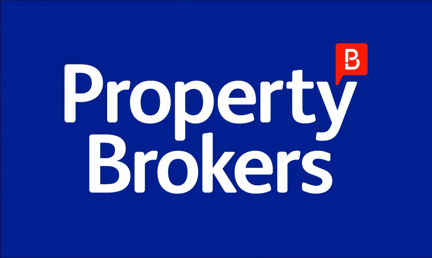 A row of real estate business signs with blue backgrounds and white text displaying property and broker services.