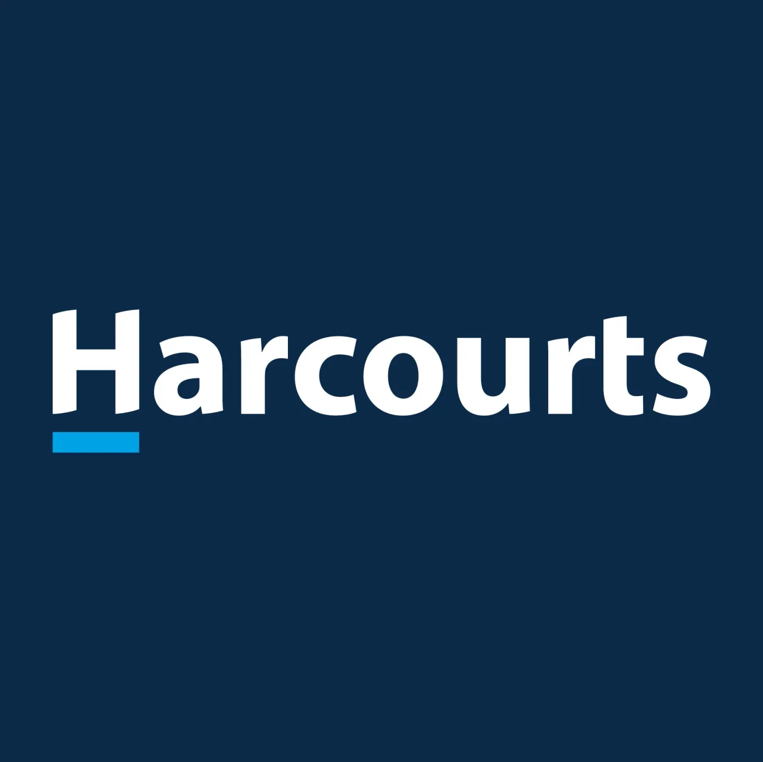 Harcourts real estate company logo in white text on a dark blue background with a light blue accent line.