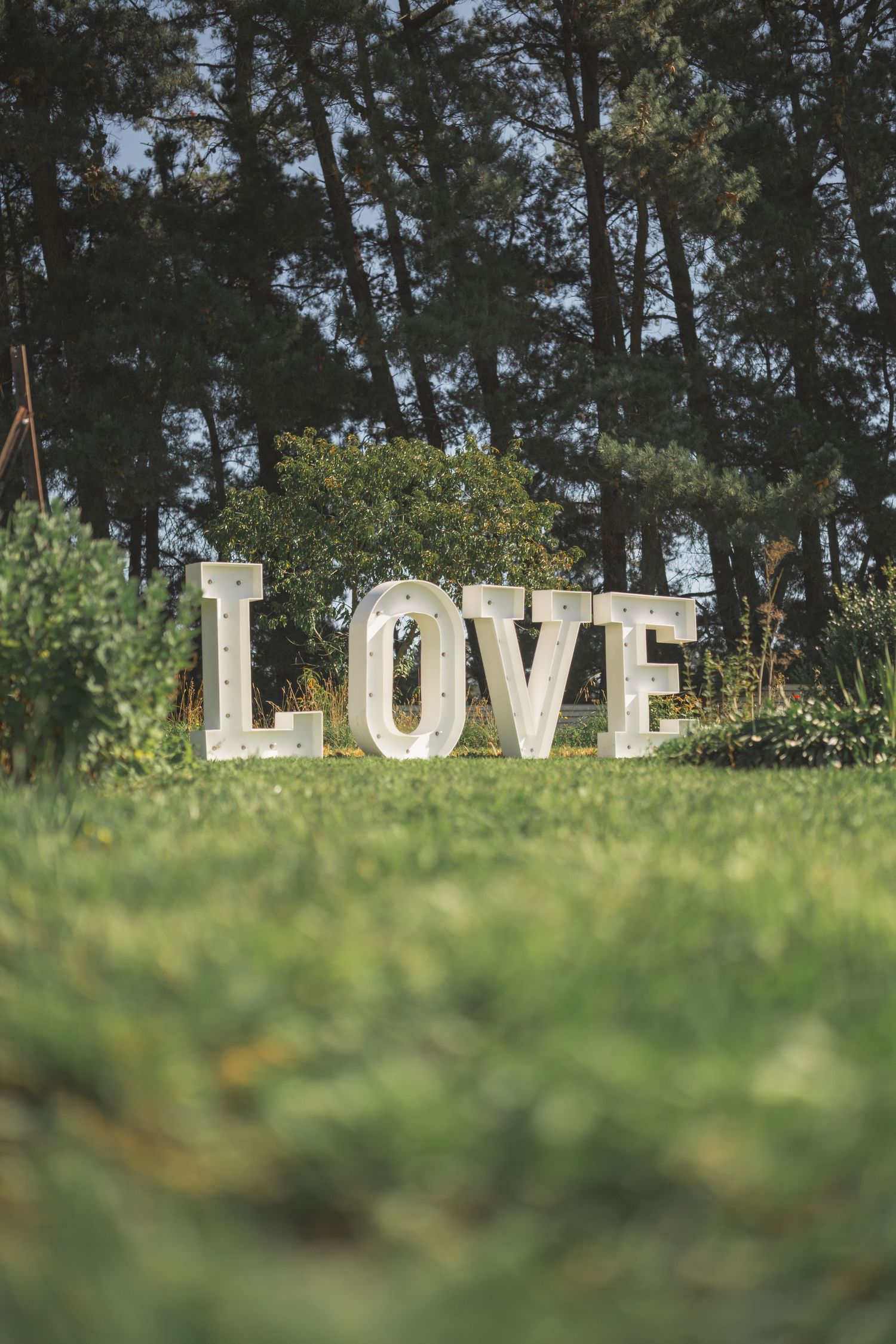 Large marquee LOVE letters sign on green grass with trees in background, perfect for weddings.