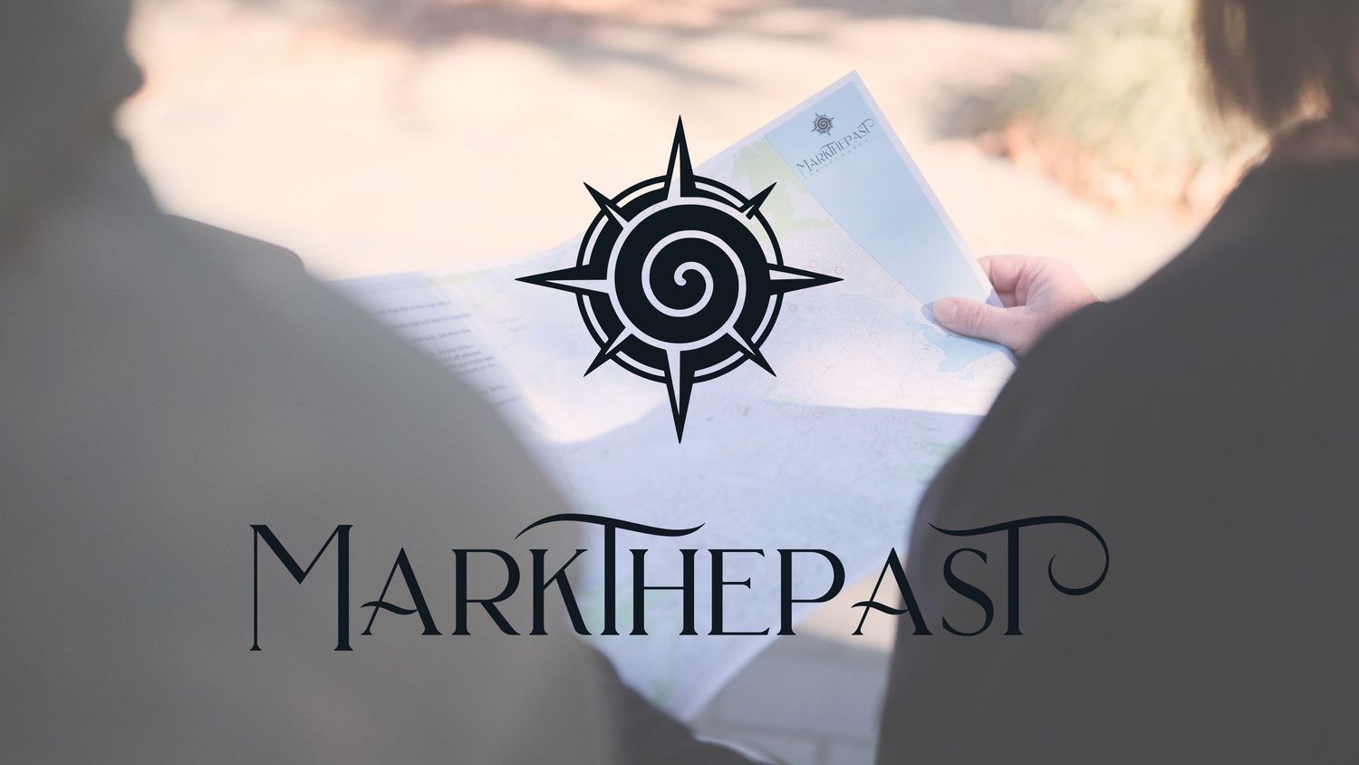 MarkThePast logo featuring a spiral compass symbol above stylized text, with blurred figures reviewing documents in background.