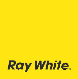 Ray White real estate company logo in black text on bright yellow square background.