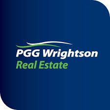 A series of real estate logos for PG Wrightson Real Estate company in blue and green colors against a dark background.