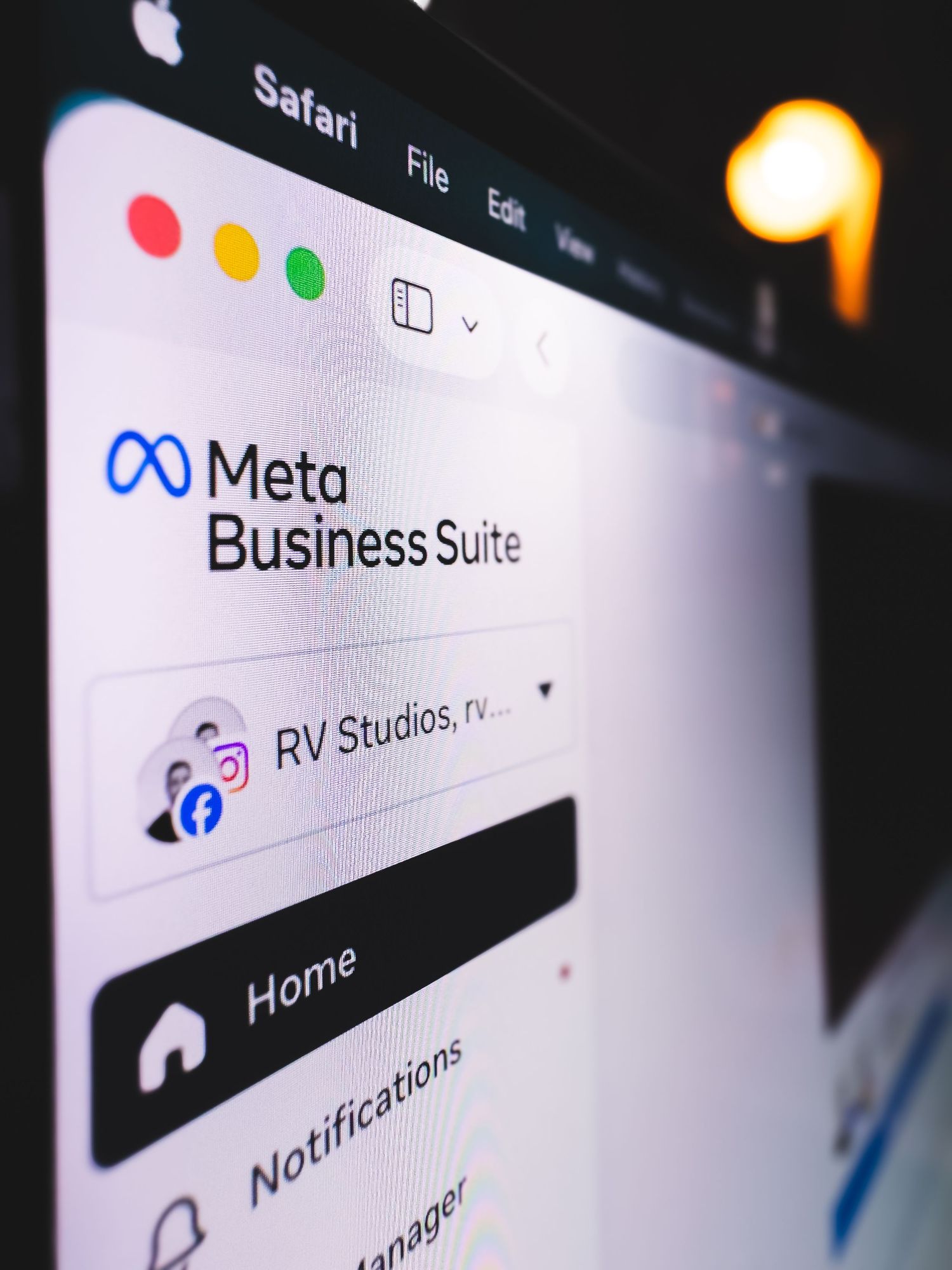 Meta Business Suite dashboard open in Safari browser on a Mac, showing RV Studios account with Home and Notifications menu.