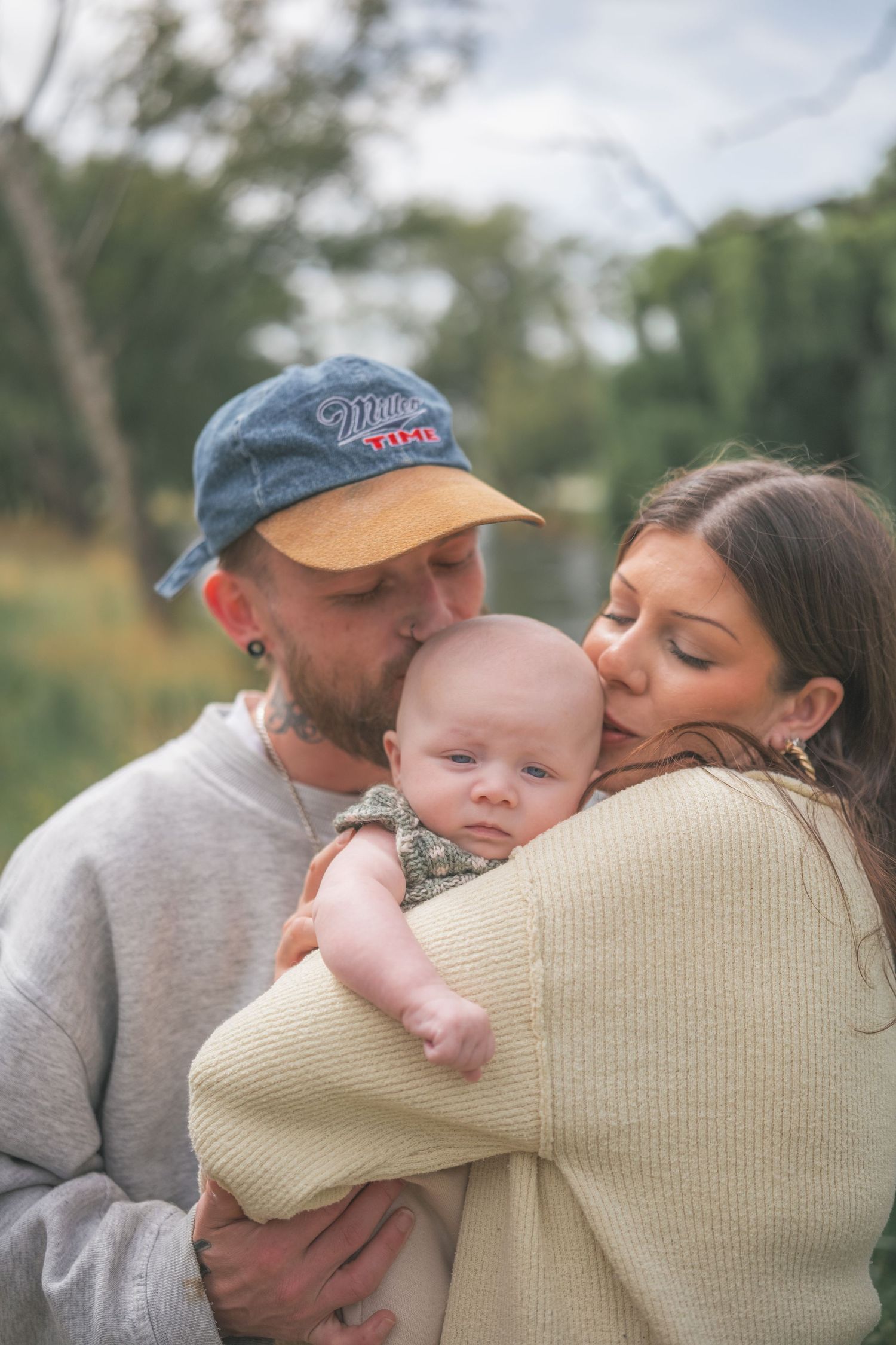 A heartwarming sequence of family photos showing tender embraces and affectionate moments outdoors.