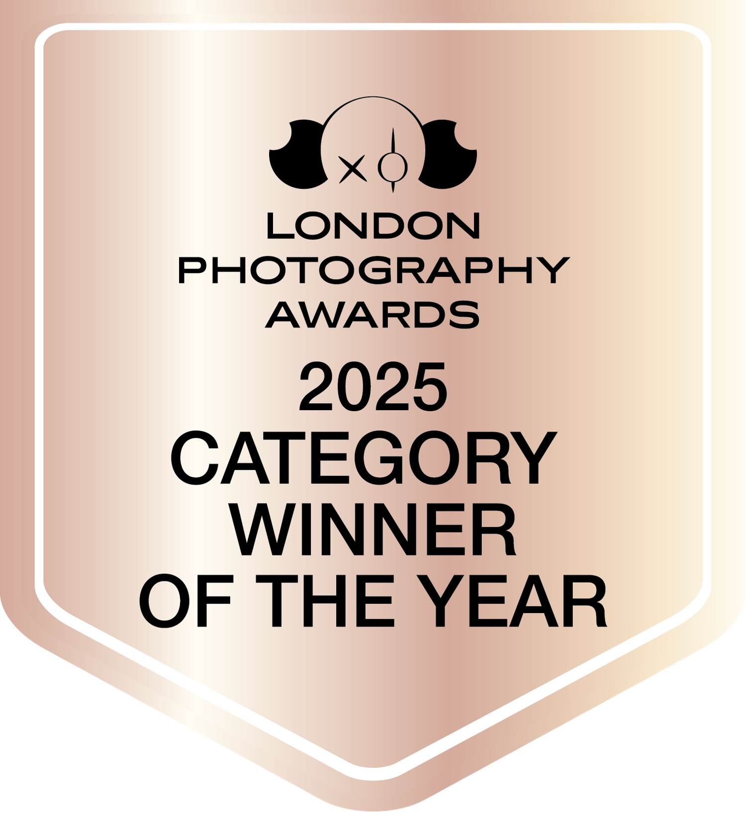 London Photography Awards 2025 Category Winner badge in rose gold with black camera icon design.