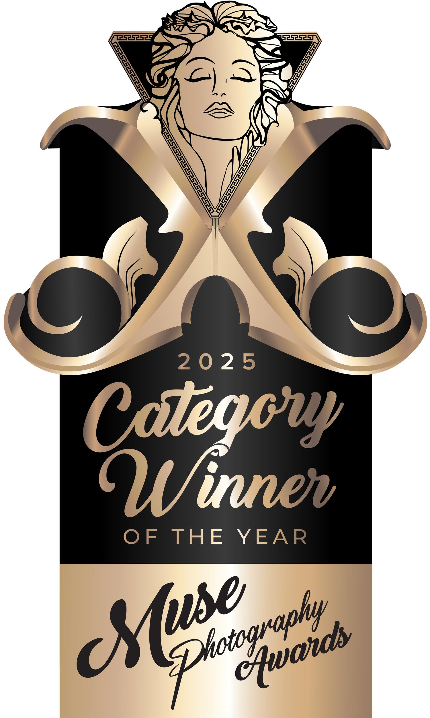 Elegant gold and black award emblem for 2025 Category Winner Muse Photography Awards featuring decorative flourishes.