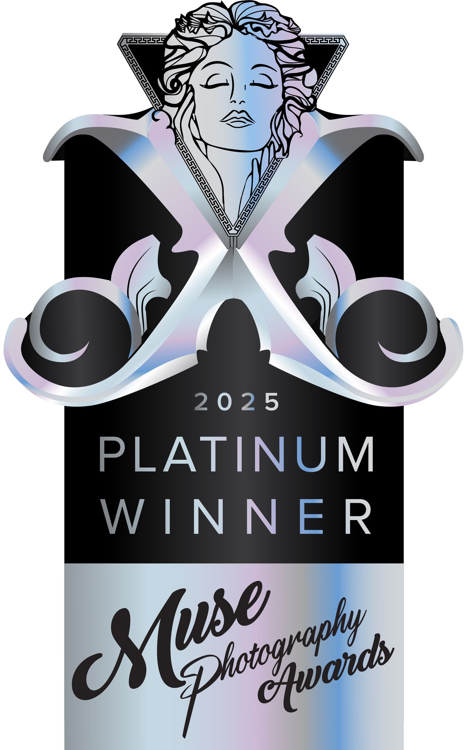 Decorative award logo for 2025 Platinum Winner Muse Photography Awards featuring Art Nouveau style design in iridescent colors.