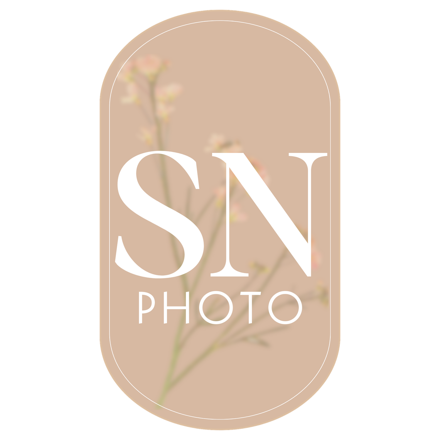 Modern photography logo with SN text on beige arched background with delicate floral element.