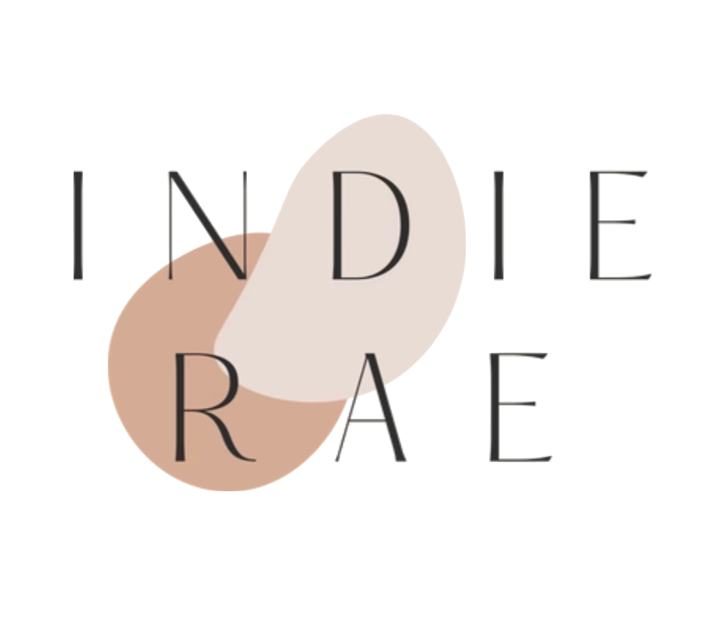 Minimalist logo design with overlapping circles and text reading INDIE RAE in neutral tones.