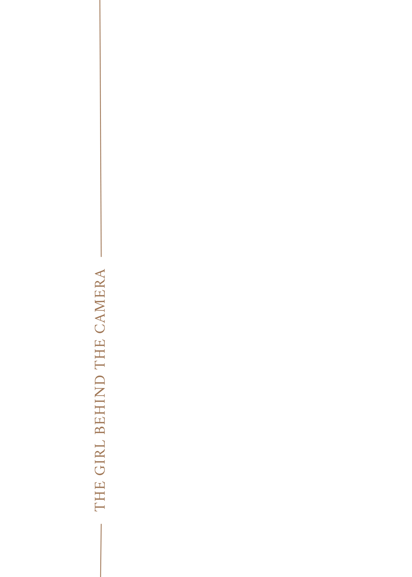 Vertical text 'the girl behind the camera' in rose gold on black background.