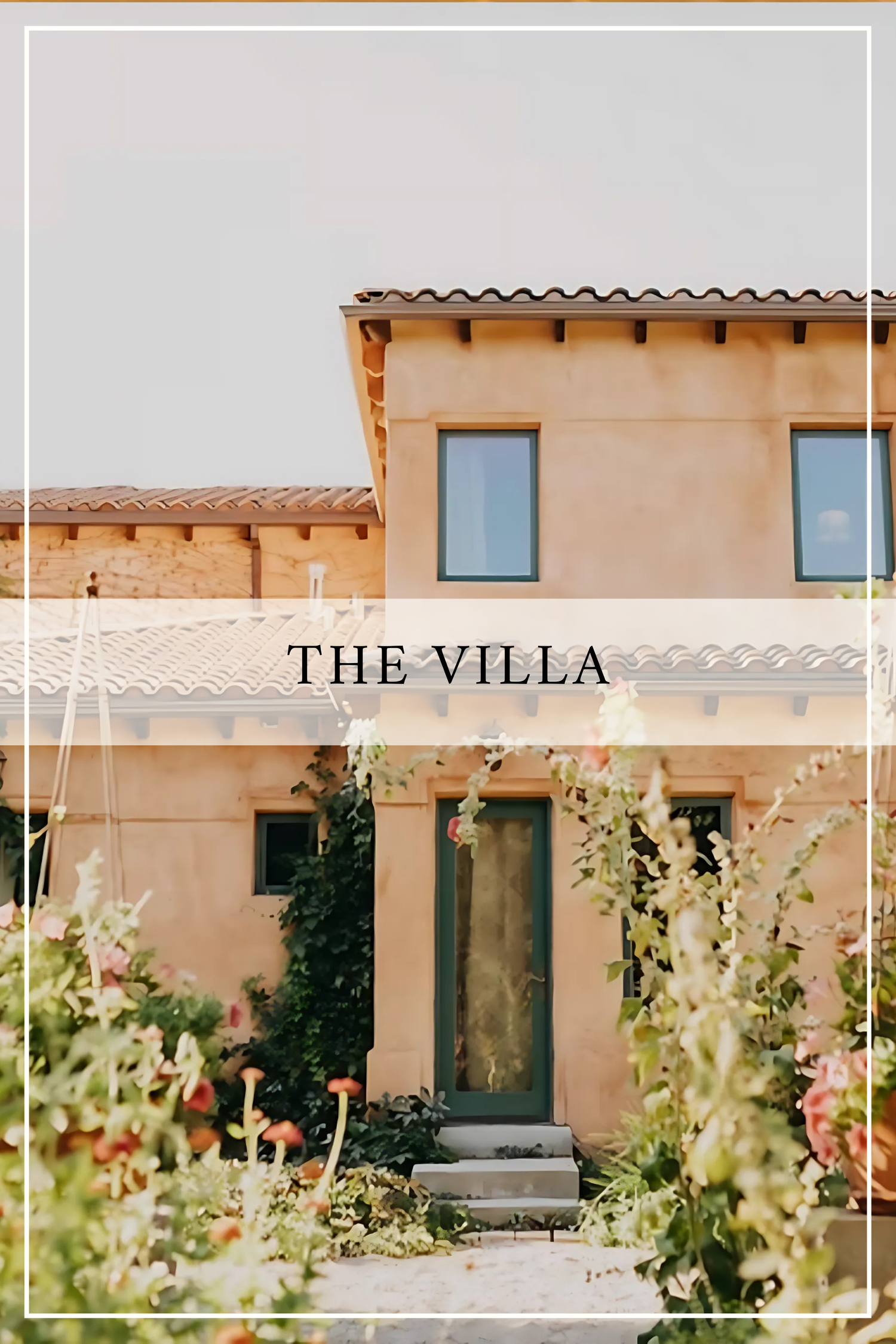 Mediterranean-style villa with terracotta walls, wooden door, and blooming garden flowers against a soft neutral background.