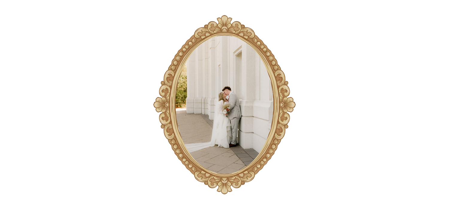 Vintage ornate gold oval frame containing a formal wedding portrait on a neutral background.