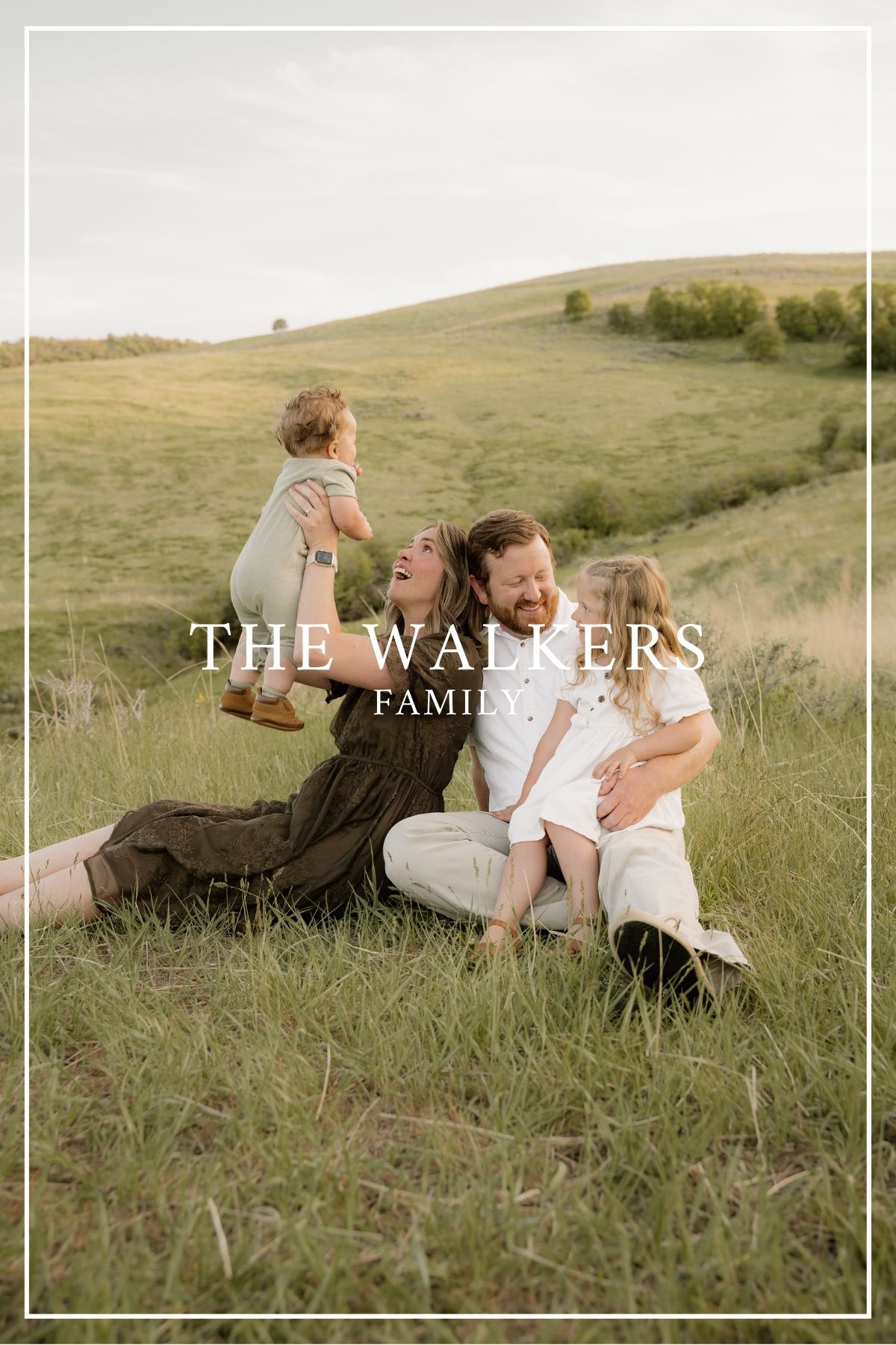 A family sits together on a grassy hillside during golden hour while text overlay reads 'THE WALKERS FAMILY'.