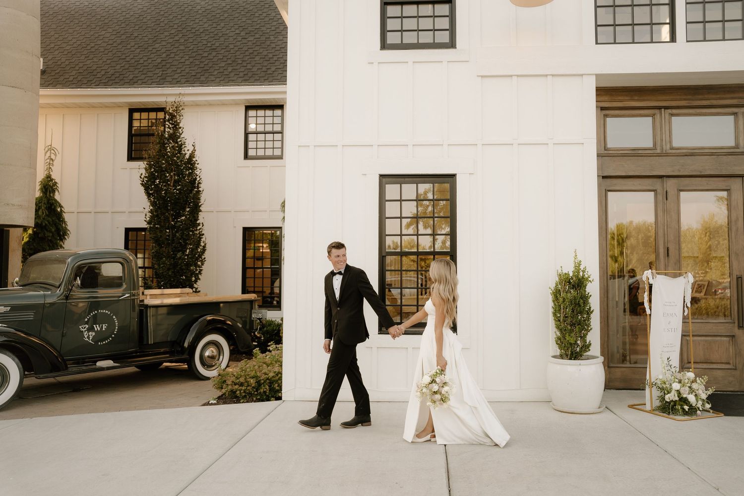 A series of vintage-style wedding photographs showing a couple in formal attire outside an elegant building entrance.