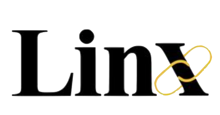 Black text logo spelling Linx with a gold infinity symbol replacing the letter x.