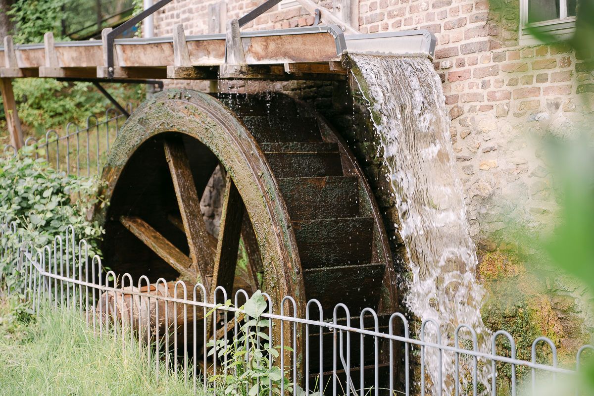 Das Mühlrad der Welschen Mühle in Aachen am Haarbach, umgeben von üppigem Grün und Laubwerk.