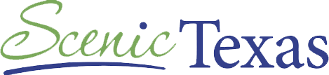 Scenic Texas text logo with decorative script and blue serif typography.